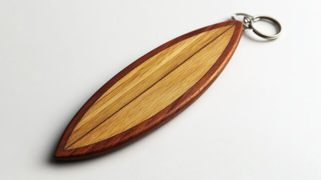 Unique wooden surfboard keychain crafted with attention to detail for surf enthusiasts and collectors located in a cozy workshop