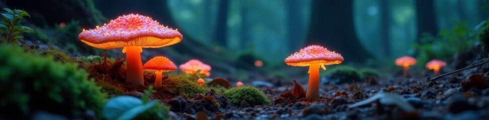 glowing mushrooms illuminate ancient forest floor, enchanted woods, fantastical fungi