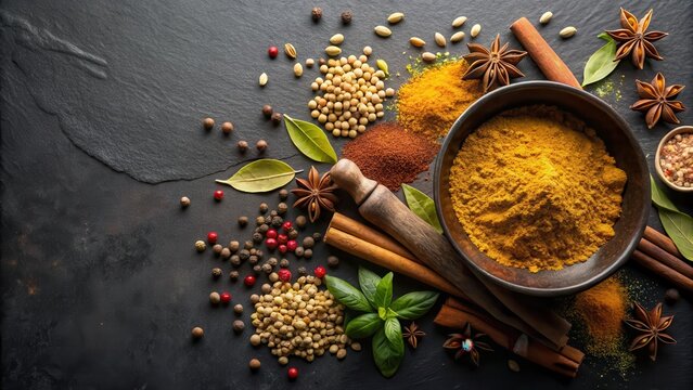 Black background with a bowl of assorted spices including turmeric powder, cumin seeds, coriander leaves, cinnamon sticks and cardamom pods, gourmet ingredients, aromatic herbs