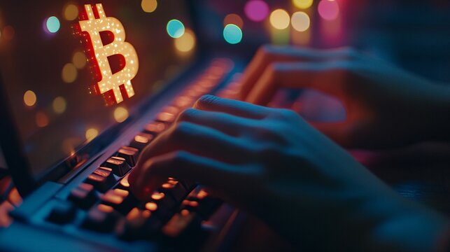 Illuminated Bitcoin Sign on Laptop with Hands Typing at Night