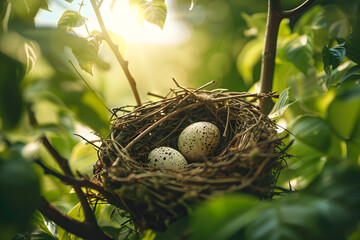 Close-up of a Bird's Nest with Speckled Eggs Cradled in the Branches of a Lush Green Tree, Bathed in Gentle Sunlight