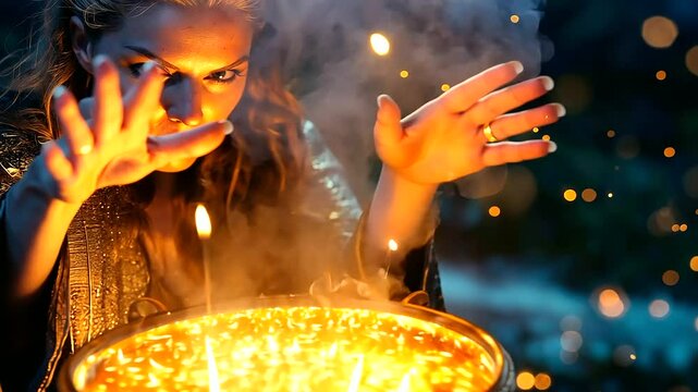 Sorceress Brewing Magic Potion in Night Sky