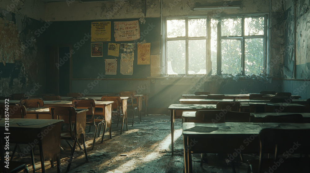 Poster abandoned classroom with desks in disarray and faded posters illuminated by sunlight