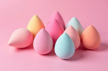 Colorful makeup sponges on pink backdrop