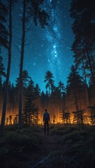 Dense forest glowing under starlit sky on anime background