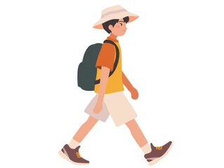 A young person in sportswear, wearing a hat and walking, with a simple background, in a flat illustration style, character design