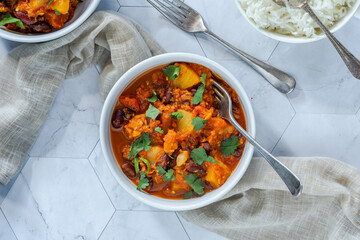 Vegetarian kidney beans and pineapple curry with basmati rice