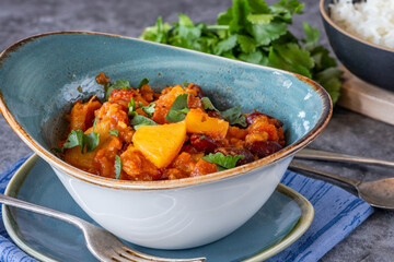 Vegetarian kidney beans and pineapple curry with basmati rice