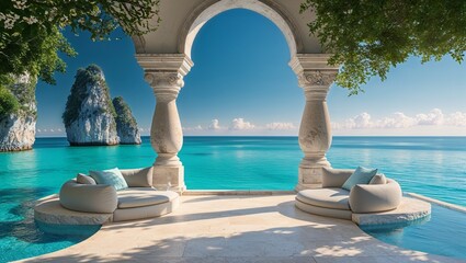 Plakat Tropical resort pool offers a luxury swimming vacation with a sea view