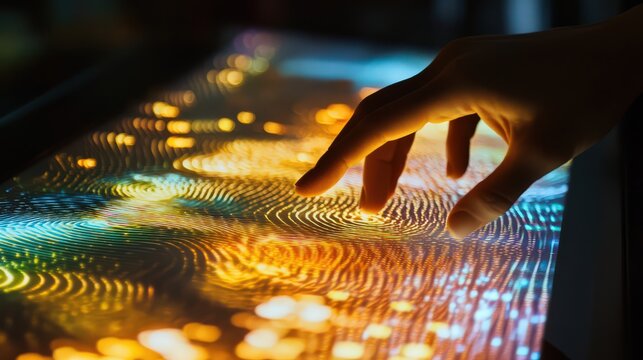 A human finger scrolling through an illuminated holographic touchscreen, symbolizing advanced interactivity.