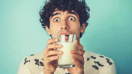 A person with a concerned expression holding a glass of milk, looking at it with hesitation due to lactose intolerance