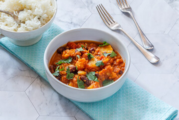 Vegetarian kidney beans and pineapple curry with basmati rice