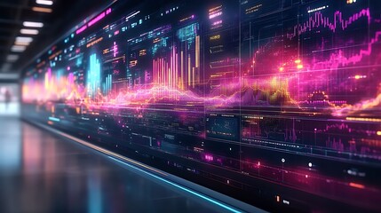 Futuristic data visualization wall displays dynamic graphs and charts.
