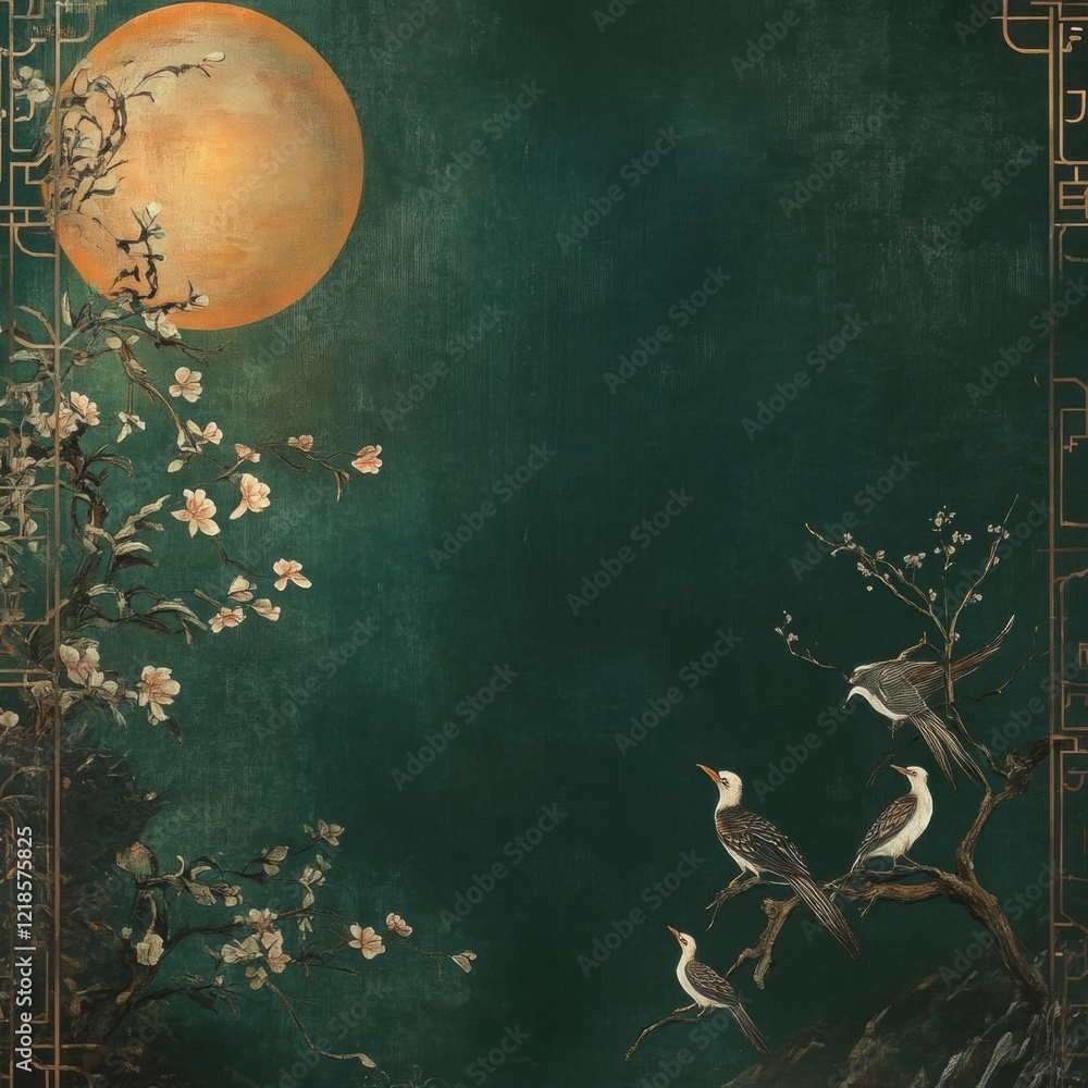 Poster birds perched on branches under a large moonlit sky adorned with blossoms in a tranquil and serene s