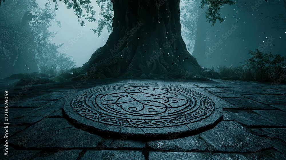Poster ancient enchanted forest with giant twisted trees and mystical glow on the forest floor