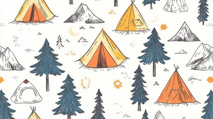 Cute hand drawn vector camping seamless pattern