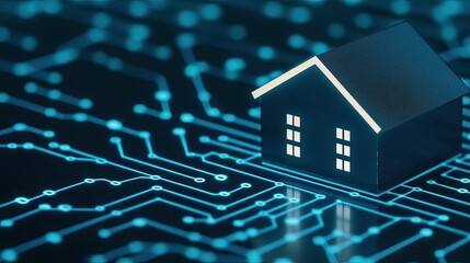 Naklejka premium A digital house model on a circuit board background, symbolizing the intersection of technology and home automation.