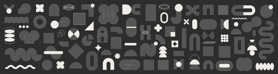 Set of abstract graphic element. Geometric shapes. Memphis design, sticker pack, y2k,  aesthetics, brutalism, retro elements, vintage. Vector illustration with wavy and zig zag elements.