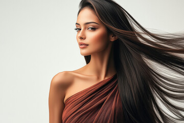 Fototapeta premium young indian woman standing with black straight wavy hair on white background