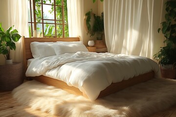 Fototapeta premium Sunlit bedroom with bed, plants, and rug.