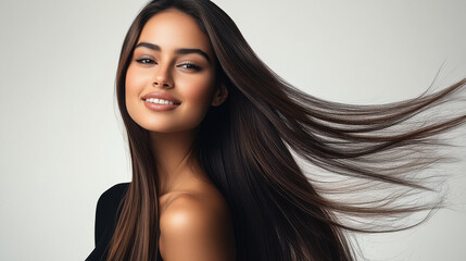 young indian woman standing with black straight wavy hair on white background