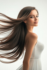 Fototapeta premium young indian woman standing with black straight wavy hair on white background