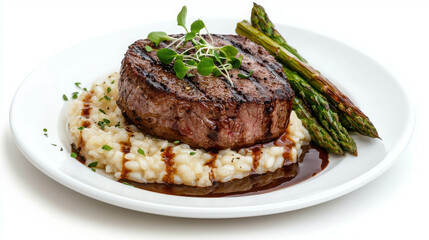 Elegant Plate Featuring Tender Beef Fillet with Seasoned Asparagus and Creamy Risotto