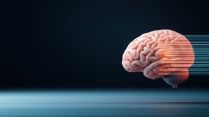 Dynamic Glowing Brain Surrounded by Light Trails Representing Creativity and Thought Movement in a Dark Background