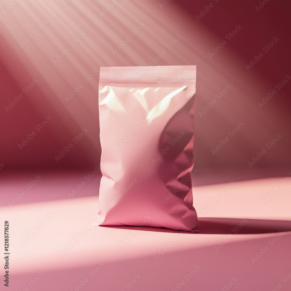 Aufkleber light illuminates a pink empty bag on a pastel background enhancing its sleek design and minimalisti