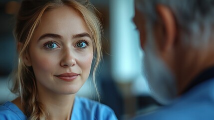 Young nurse consulting senior patient, office background