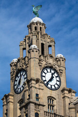 Royal Liver Building and King Edward VII Statue in Liverpool, UK