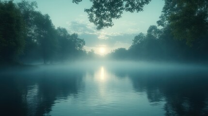 Fototapeta premium Misty River Sunrise: Serene Waters and Foggy Trees