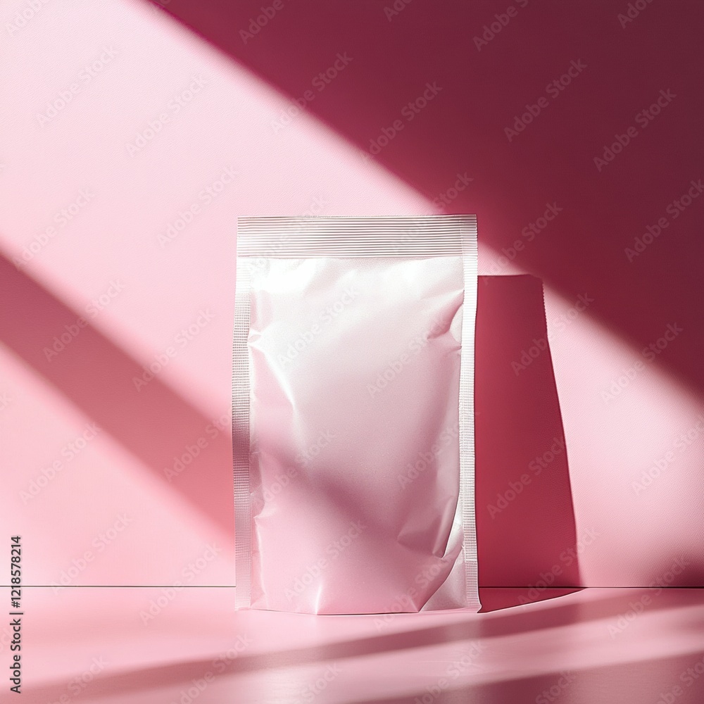 Poster modern packaging with minimalistic design displayed on a pink background in soft, natural light. gen