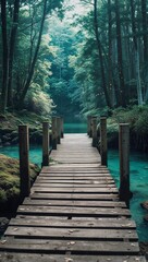 Fototapeta premium Wooden pier surrounded by magical forest scenery on anime background