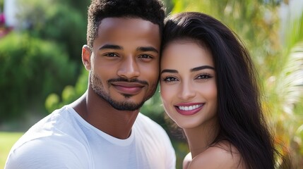 Fototapeta premium a beautiful mixed race couple in green lush garden, black man and Asian woman love couple 