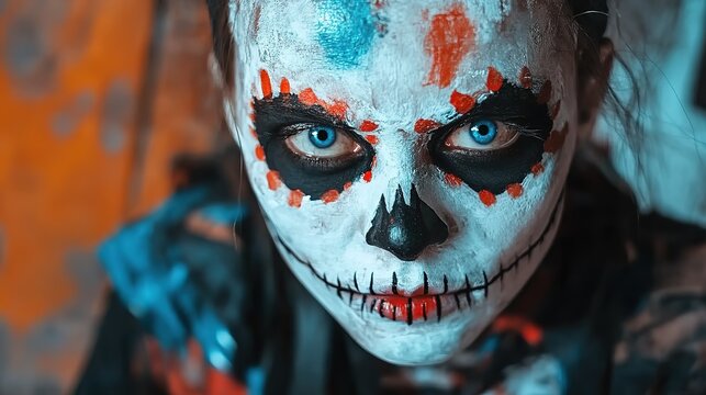 scarry woman wearing skeleton makeup Halloween costume