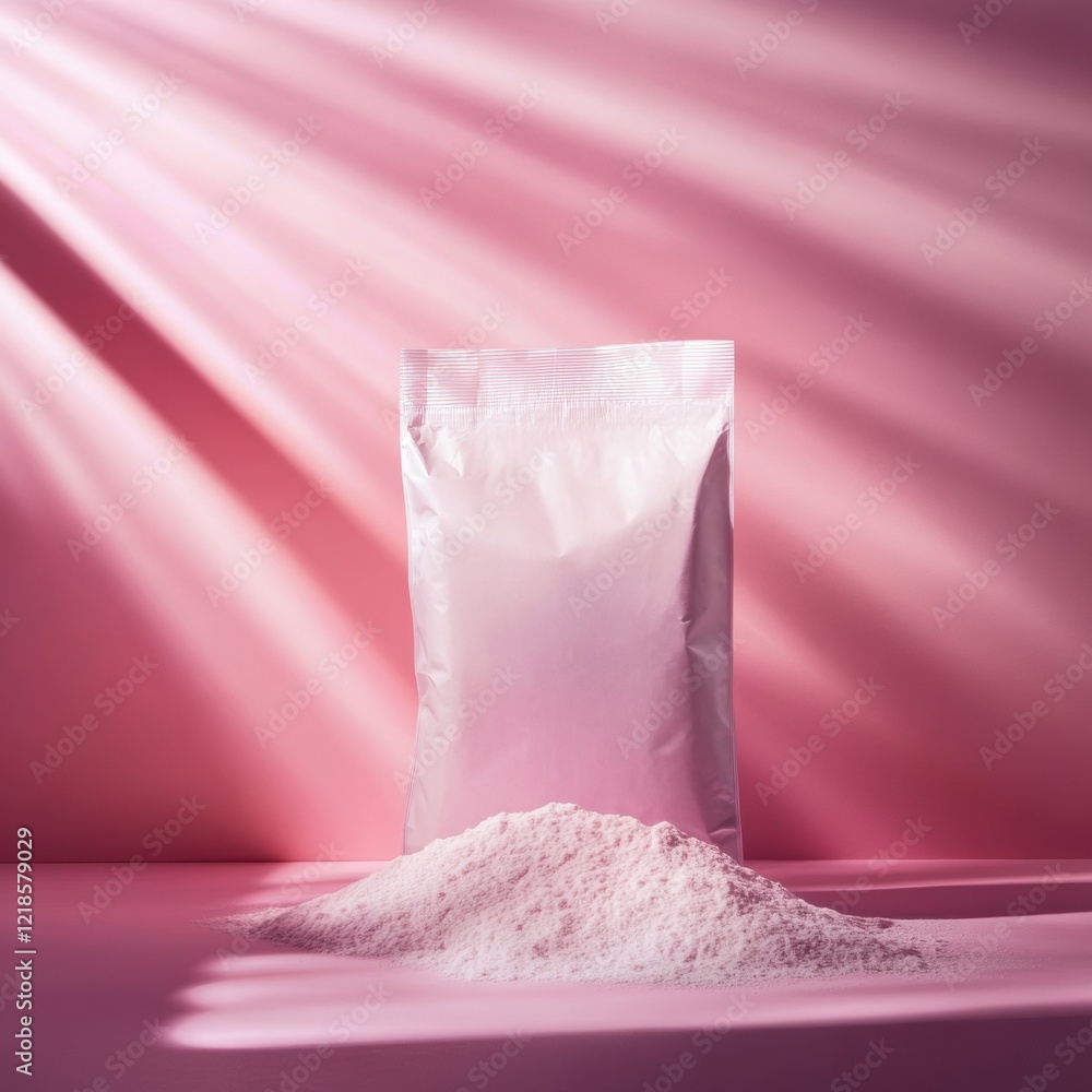 Poster white powder in a bag with light rays creating a soft pink background during a still life compositio