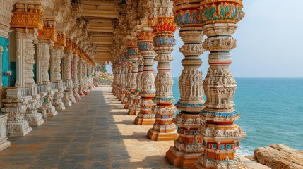 Fototapeta premium Coastal temple colonnade, ocean view, India, tourism