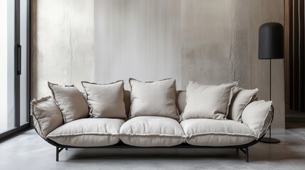 A Comfy Beige Sofa With Fluffy Cushions Sits Against A Textured Wall, Bathed In Soft Light. The Scene Is Serene And Minimalist.