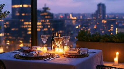 Romantic Rooftop Dinner with City Lights at Dusk