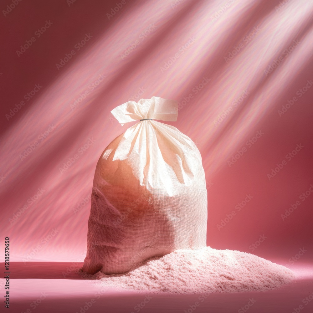 Poster bag of flour placed on pink background with light rays illuminating the space during a creative setu