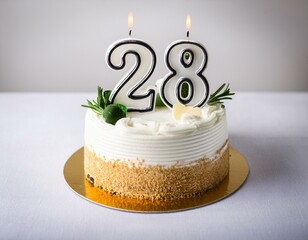 Decorated white cake for birthday or anniversary party, candle number 28, white background