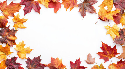 Obraz premium Border frame of colorful autumn leaves isolated on white background. Autumn, fall, thanksgiving day, nature concept. Flat lay, top view, copy space.