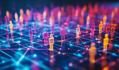 Colorful figurines connected by lines on a network grid illustrating concepts of social networking, community, connectivity, and teamwork in a digital era, Generative AI