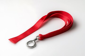 Fototapeta premium Luxurious Red Draped Window in a Grand Historical Room, Blank Red Badge Lanyard lace mockup. Plain empty cotton band mockup isolated on white background.Red Lanyard with Metal Lobster Clip and Safety 