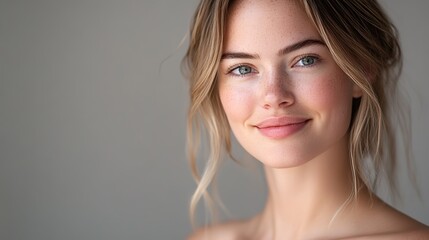 Fototapeta premium Caucasian woman with pretty beautiful clean skin and no makeup smiling confidently , Off shoulder dress, skincare and beauty concept 