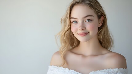 Caucasian woman with pretty beautiful clean skin and no makeup smiling confidently , Off shoulder dress, skincare and beauty concept, at home