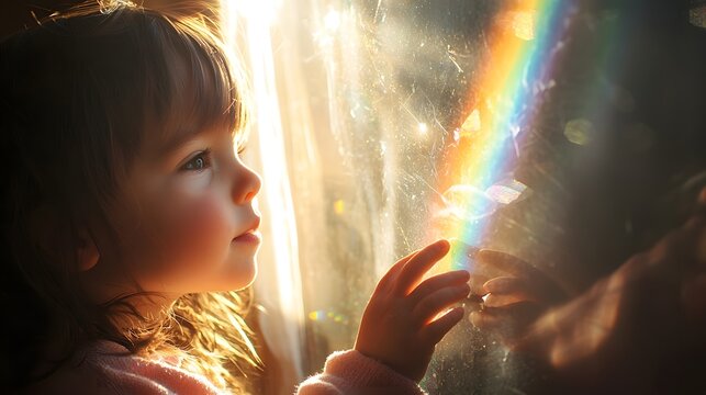 A child discovering a small rainbow created by sunlight hitting a crystal hanging in the window