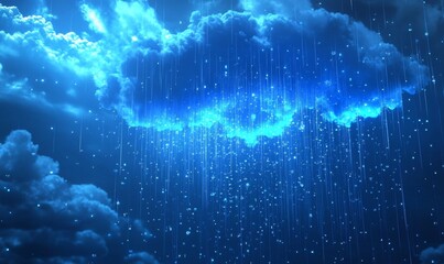 Digital Rain and Glowing Cloud Symbolizing Cloud Computing and Data Flow over Cityscape at Night, Generative AI