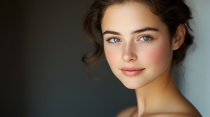 Obraz premium Caucasian woman with pretty beautiful clean skin and no makeup smiling confidently , Off shoulder dress, skincare and beauty concept, at home